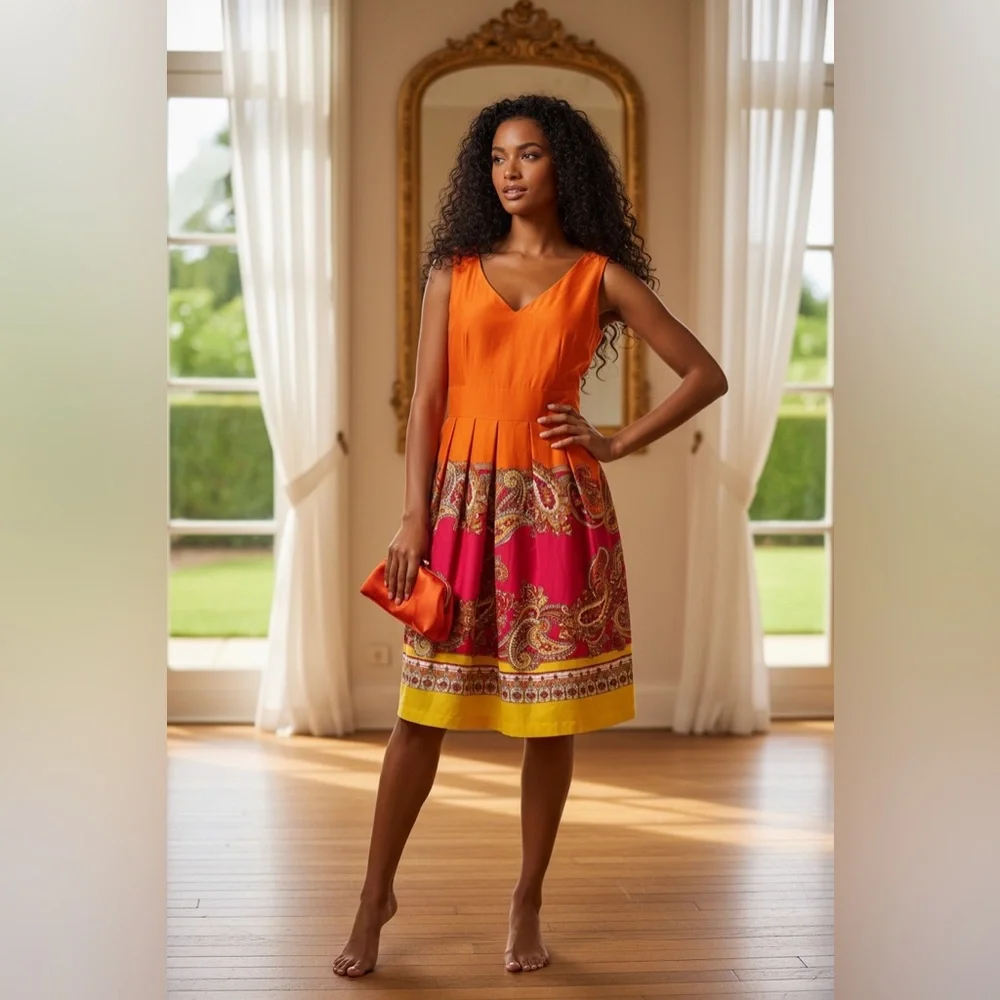 Spense Orange and Pink Paisley Midi Dress☑️ - Picture 3 of 5